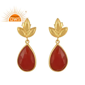Boucles d'oreilles pendantes en onyx rouge naturel, bijoux plaqués or, fournisseur de bijoux, boucles d'oreilles en argent sterling, collection classique - Product Image 1