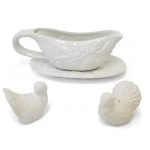 Ciotole in ceramica a forma di barca ringraziamento turchia sugo barca con piattino e agitatori di sale e pepe a forma di tacchino