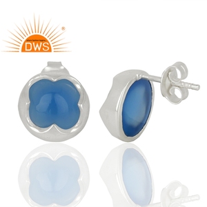 Bonitos pendientes de piedra preciosa azul de Calcedonia, proveedor de joyería, Mini pendientes de tuerca de Plata de Ley 925 sólida, joyería al por mayor - Product Image 3