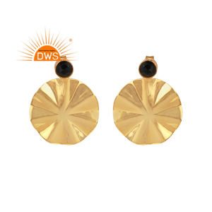 Wavy Disc Design Earrings 14k Gold Plated Silver Jewelry Supplier Natural Black Onyx Gemstone Dangle Earrings - Product Image 1
