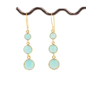 Round aqua chalcedony hook earring gold plated bezel setting three drop earring light weight hanging dangling gold brass earring