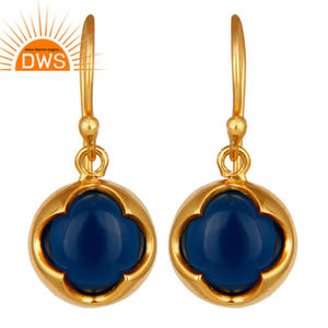 Pendientes colgantes chapados en oro y plata de ley hechos a mano, aretes de GEMA de corindón azul, joyería de plata certificada al por mayor - Product Image 1