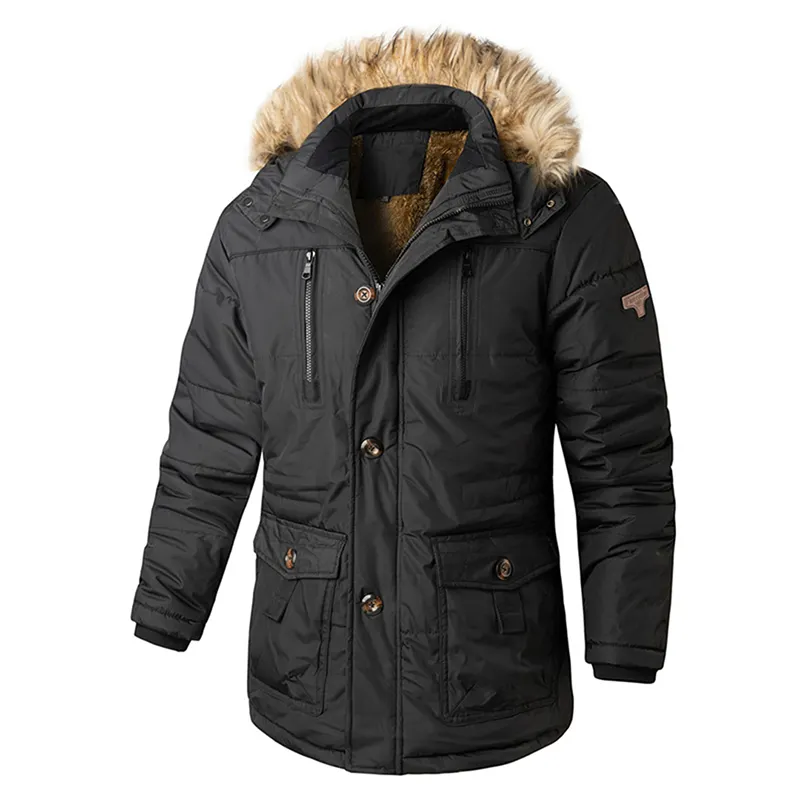 Men's Warm Thick Fleece Parkas Fashion Casual Waterproof Hooded Fur Collar Fleece Lined Long Parka Jacket Coat