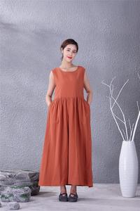 เดรสยาวสีส้มแบบไม่มีแขน คอทรงโอ ทรงหลวม ผ้าลินินผสมฝ้ายทอ สำหรับใส่ในโอกาสทางการ ฤดูร้อน สีพื้น ระบายอากาศได้ดี ซักได้ สไตล์วินเทจ - Product Image 4