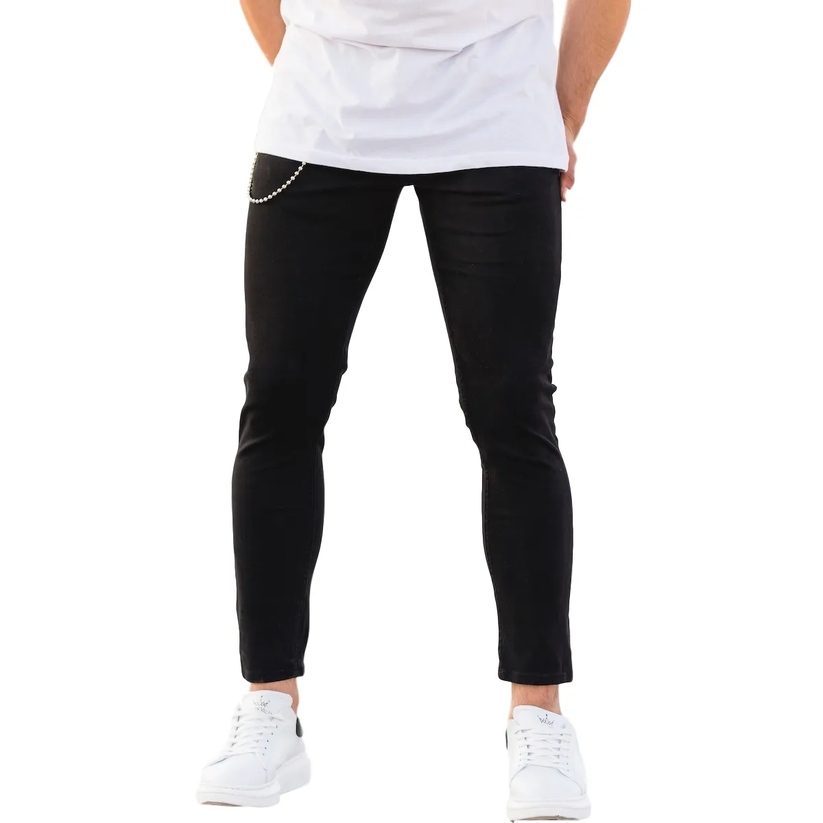 casual 100% cotton denim men basic black jeans with chain man new style good best price wholesale offer trend 2020