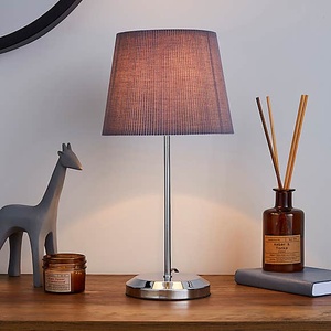 Modern <b>Table</b> <b>Lamp</b> With Brown Fabric Shade And Chrome <b>Base</b> For Bedroom Decor - Product Image 1