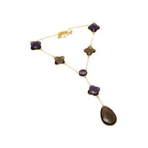高品质手工925纯银天然紫水晶烟熏水石英镀金精品珠宝链项链