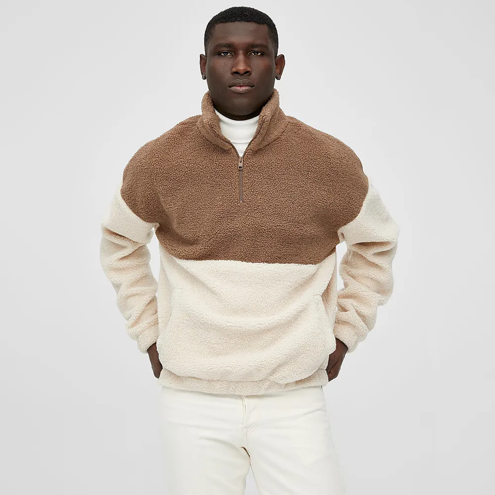गर्म शेरपा ऊन स्वेटर चौथाई ज़िप शराबी फजी Sweatshirt गर्म सुपर मोटी भारी स्वेटर शेरपा हूडि जेब के साथ