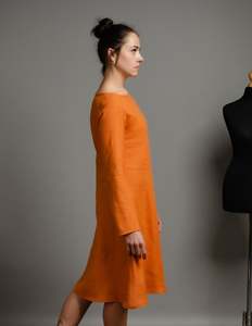 Nouvelle Arrivée Tendance : Robe en Lin Orange pour Femme, Coupe Sexy, Col Rond, Manches Longues, Longueur Genou, en Tissu Crêpe, Dernier Cri - Product Image 3