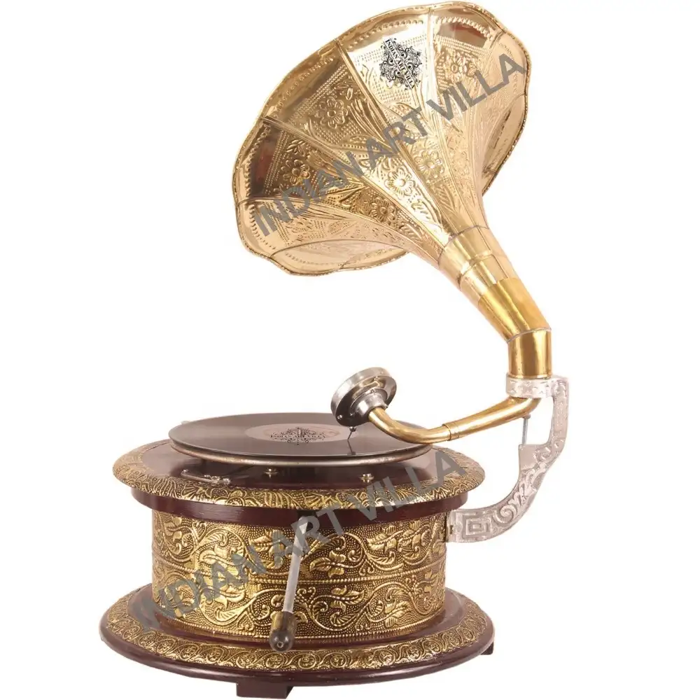 Indian Art Villa Engraved Leaf Design Round Wooden Base Phonograph/Gramophone Turn Table with Designer Brass Horn - wholesale