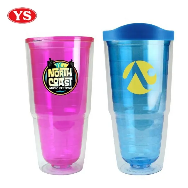 Doorschijnend Roze en Blauw 24 oz Geïsoleerde plastic tumbler kopjes met slider-lock deksel