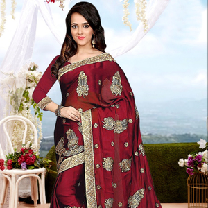 Bollywood Designer Saree Designer Miroir Travail Fleur Conception Tissu De Soie Doux Impression Numérique Marron Couleur Sari avec Blouse Inde Alphanumero - Product Image 1