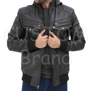แจ็กเก็ตหนังเข้ารูปสำหรับผู้ชาย, เสื้อแจ็คเก็ตหนังเข้ารูปคอตั้งโลโก้ด้านหน้าอบอุ่นดีไซน์เป็นกระเป๋าแฟชั่นกันลม - Product Image 5