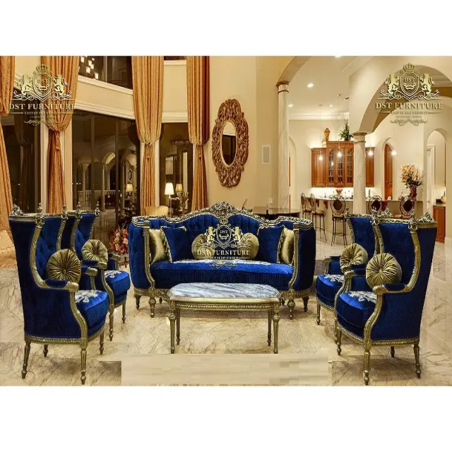 Royal Blue Velvet Sofa Set for Living Room Victorian Style Luxury Teak Wood Blue Sofa Set Regal Style Living Room Blue Sofa Set