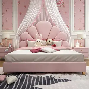 Платформа для хранения кровати с мягким цветочным изголовьем Современная розовая бархатная кровать для девочек с подъемной рамой и ремнями