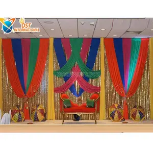 Stylish Wedding Backdrop Drapery for Mehndi Stage Shiny Theme Backdrop for Mehndi Wedding Mehndi Event Colorful Stage Backdrops