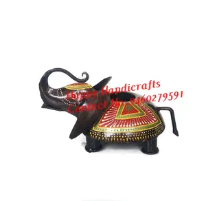 INDIAN WOODEN BEAUTIFUL HAND PAINTED VERY FINE CARVED ELEPHANT CANDLE HOLDER BASE CANDLE STAND FOR TABLE