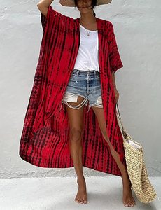 2023 Kimono Vintage de verano para mujer Boho Lady Beach Cover-Up Cardigan transpirable media manga Tie Dye cintura Natural talla XL - Product Image 5