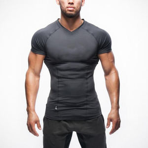 T-shirt personnalisé à col en V pour homme, tissu velours, compression musculaire, vêtements de sport, entraînement de fitness, hauts de sport, course à pied, exercice de printemps - Product Image 6