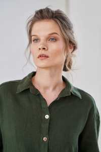 Robe en lin pour femmes sexy, tendance, dernier design, couleur kaki, tissu crêpe, col rabattu, manches longues, longueur mini - Product Image 3