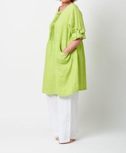 Robe tunique en lin vert lime, col rond, manches trois quarts, coupe ample, longueur midi, avec poches, tenue décontractée d'été - Product Image 5