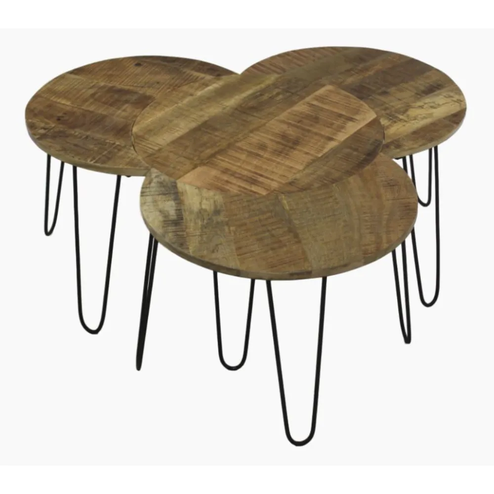 Mesas de café modulares de madeira, conjunto de 4 mesas de madeira sólida com pino de metal, pernas antigas, sala de estar industrial, tabelas de café