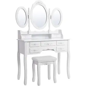 Songmics RDT91W pared fija lujoso 3 espejos-tocador escritorio tocador con taburete y 7 cajones