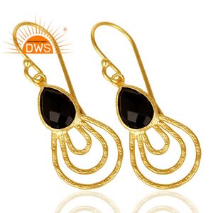 Beautiful <b>Black</b> Onyx Gemstone <b>Earrings</b> Handmade Texture Gold Plated Silver <b>Dangle</b> <b>Earrings</b> Jewelry Wholesale - Product Image 2