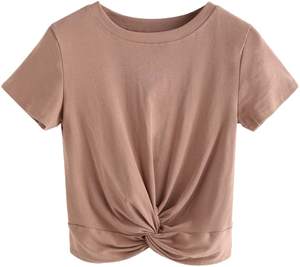 Haut court décontracté pour femme, uni, col rond, manches courtes, respirant, en Spandex/Polyester, séchage rapide, anti-boulochage, vêtement d'extérieur pour l'automne, vente en gros - Product Image 5