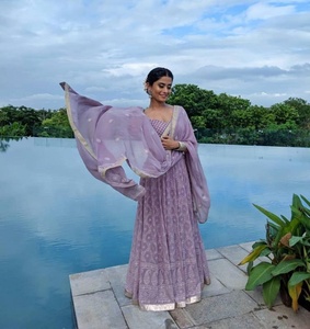 <b>Red</b> Beige Chinon Rangoli Silk Luxury Saree Set with Embroidered <b>Blouse</b> Necklace Modern Design Washable Party Wear for Women - Product Image 3