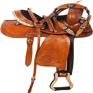 Open Store Brown Colour Western Barrel Leather Saddle for Youth Kids SEAT Racing Show Trail Horse Pony Saddle TACK Set Package