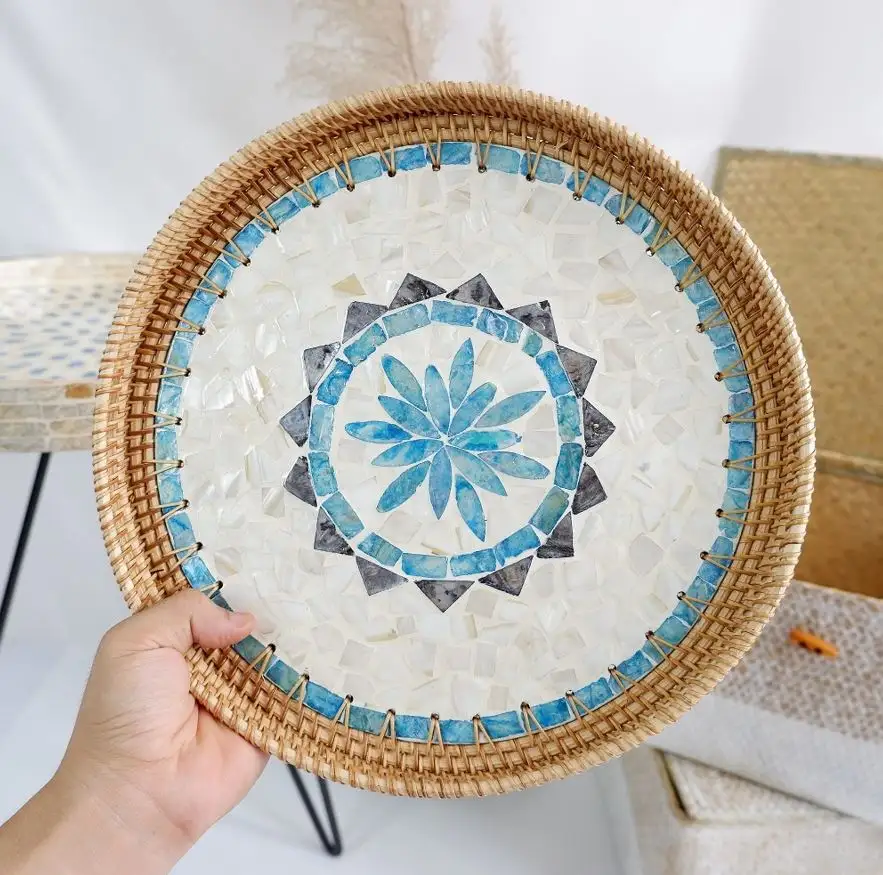 Cheapest Price Handmade New Design Rattan Tray With Mother Of Pearl Decoration Home