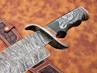 Couteau de camping artisanal en acier Damas, dureté HRC60-65, manche en corne de taureau gravé avec un visage de loup, 17'' de long, modèle MDM AXES KNIVES