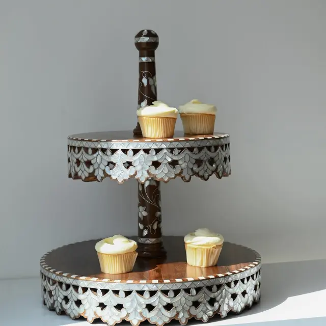 2022 supporto per torta ultimo piatto da Dessert in legno stile cupola 2 livelli acrilico supporto per torta superiore legno intarsiato di lusso madreperla per Deco