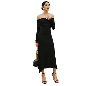 Newest Item Hot Selling Wholesale Fold Over Neckline Bandage Midi Sexy Off-shoulder Dress Made in Vietnam