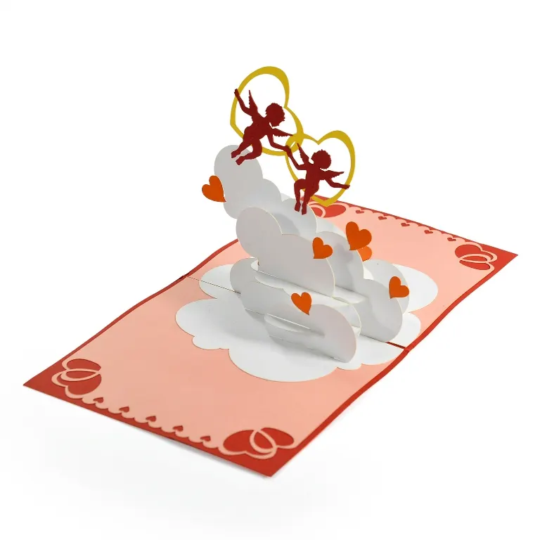 Tarjeta de felicitación 3D de amor para San Valentín, producto más vendido, con dos ángeles de amor volando en el cielo, venta al por mayor desde Vietnam