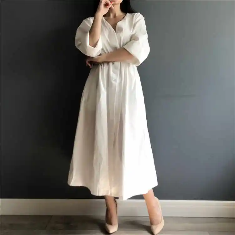 New 2019 Spring Summer women's dresses elegant cotton linen ladies long sleeves white dresses V neck tie Ukraine dress