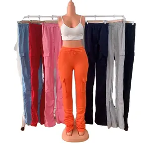 2025 ropa de Otoño Invierno para mujer plisado grueso mujer Flare casual joggers campana inferior a juego estilo cargo trajes pantalones apilados - Product Image 1