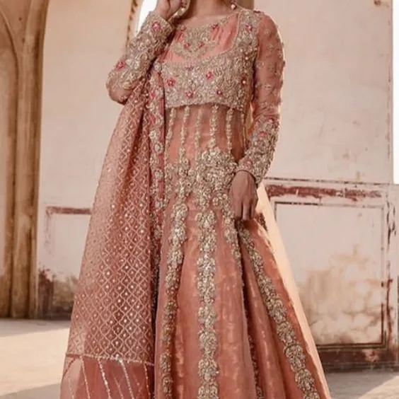 NEW--INDIAN/PAKISTANI DESIGN HEAVY EMBROIDERY ON BRIDAL LONG KAMEEZ,BROCADE LEHENGA DRESS Embellished ZARI work for Wedding@2021