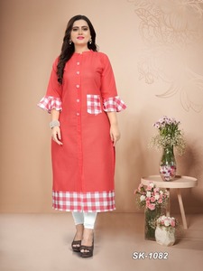Kurti de Algodón Pesado con Estampado Digital en Color Rojo, Mangas Campana, Bolsillo Lateral, Precio al por Mayor, Completamente Cosido - Product Image 4