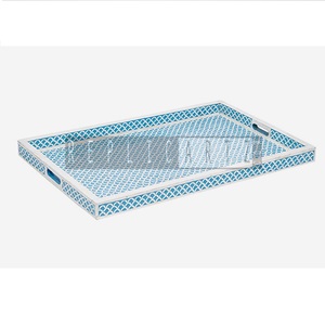 Handmade Blue RaSin Inlay Geometric Pattern Art Deco Design Rectangular Serving Tray | Coffee <b>Table</b> Organizer Home Decor Luxury - Product Image 1