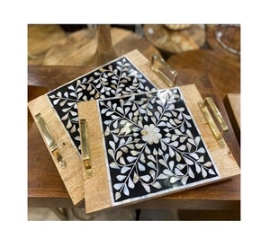 Plateau de service en bois et os incrustés, lot de 2 tailles différentes, pour thé et café, fabriqué en Inde - Product Image 4