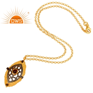 Smoky Quartz Gemstone Set Pendant Trendy Girls Fashion 22k Gold Plated Sterling Silver Necklace Jewelry Supplier - Product Image 3
