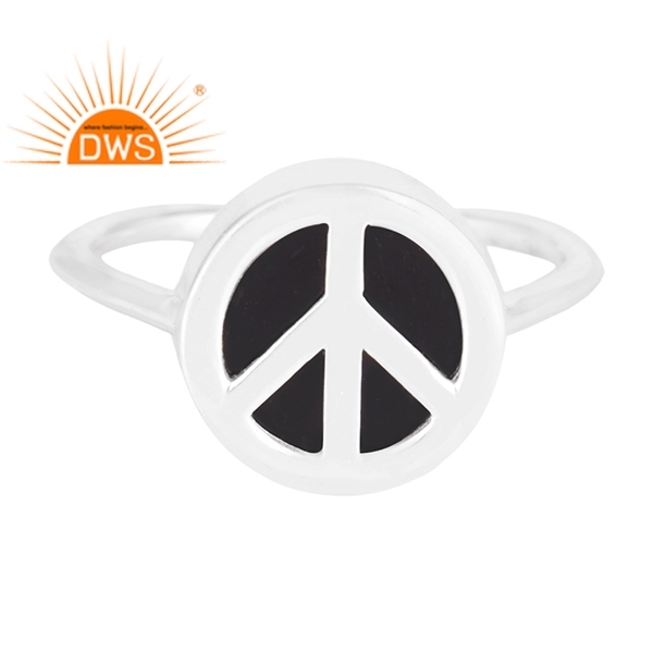 Natural Black Onyx Gemstone Peace Sign Custom Ring Wholesaler Fine 925 Silver Jewelry Supplier