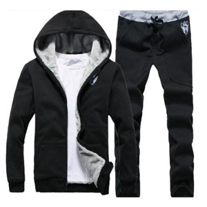 2021 Latest Men's Winter Fur Hood Warm Track Suit With Drawstring Sweatpants Full Front <b>Zip</b> <b>Hooded</b> Thick Sweat Suit Slim Fit - Product Image 5