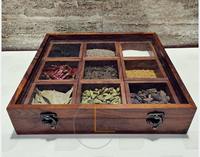 Premium Home Accessoires Sheeshamhouten rechthoekige kruidenbox met 9 compartimenten, gedroogd fruit, handgemaakte glazen deksel