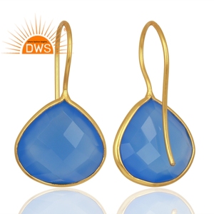 Yellow Gold Plated 925 Silver Hook Earrings Faceted Pear Blue Chalcedony Gemstone Earrings Jewelry Suppliers - Product Image 3