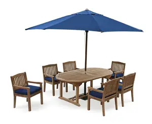 Teak Garden 6 Seater Dining Furniture Set Blue Umbrella <b>Outdoor</b> Modern <b>Foldable</b> Weather Resistant Wooden <b>Table</b> Chairs - Product Image 3
