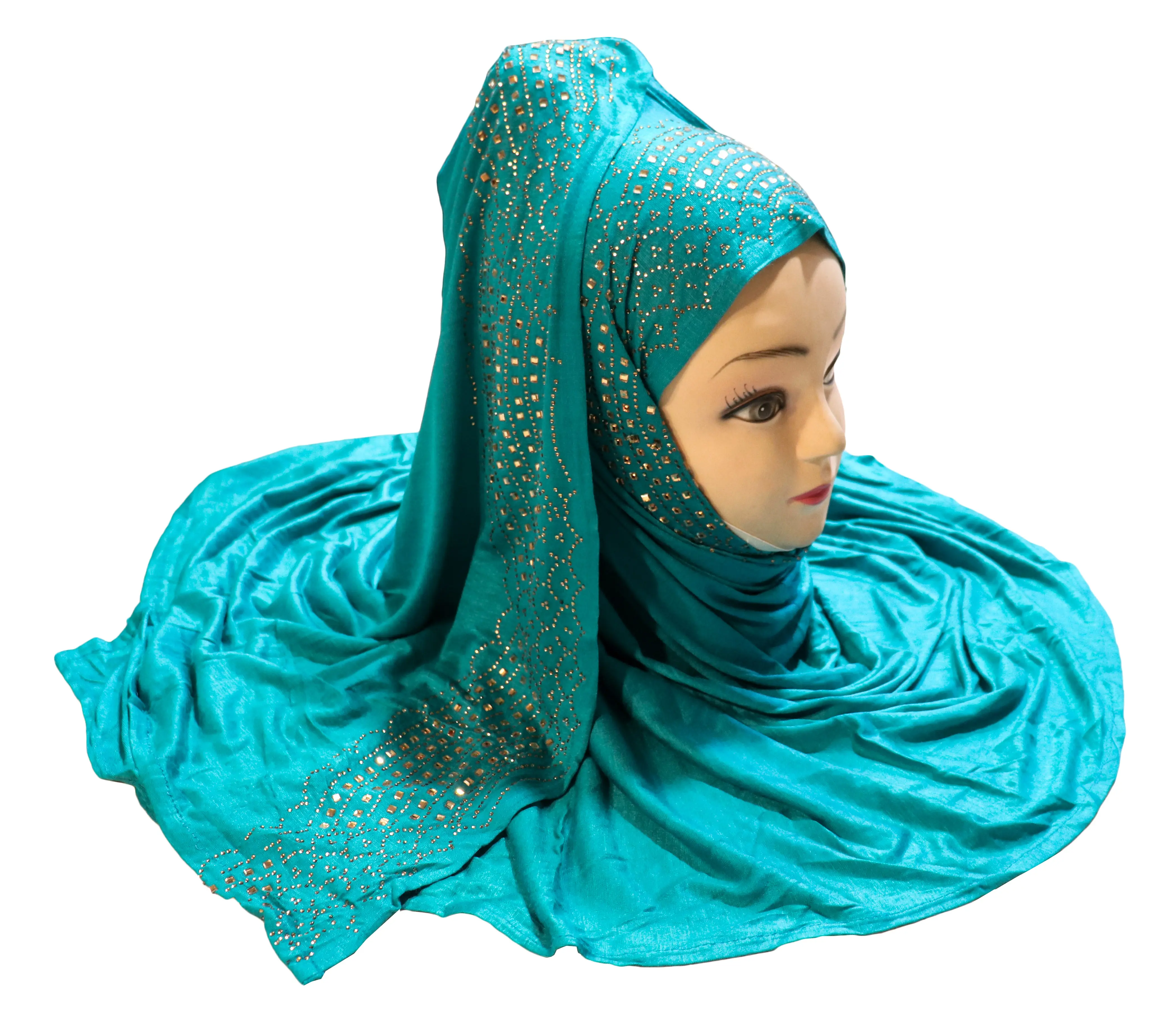 Cyan Color Diamond Stone Work Hosiery Soft Cotton 4-Way Islamic Hijab Scarf Dupatta