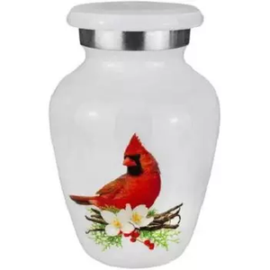 Hermosa urna de cremación de metal blanco real de estilo europeo con recuerdo conmemorativo de Pájaro Rojo para almacenamiento de cenizas funerarias - Product Image 1